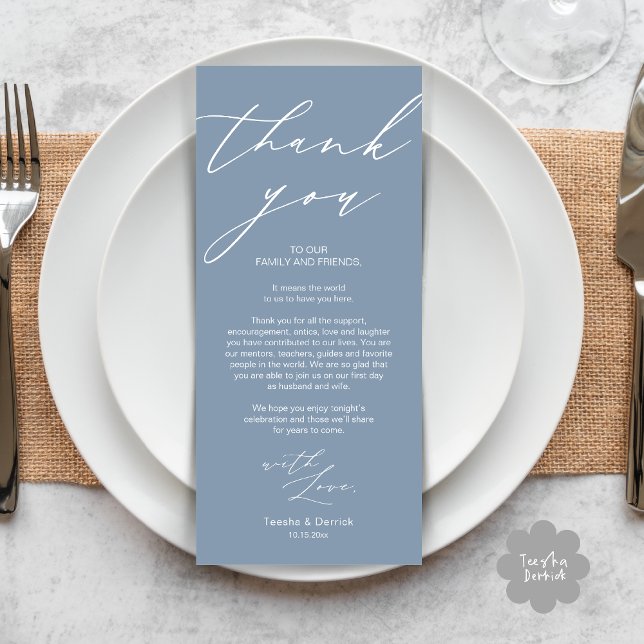 Minimalist Wedding Place Setting Thank You Card (Modern Minimalist Wedding Dinner Place Setting Thank You Card in aesthetic dusty blue)