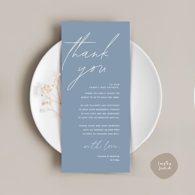 Minimalist Wedding Place Setting Thank You Card (Wedding Place Setting Thank You Card, Modern Minimalist in Dusty Blue)