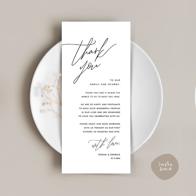 Minimalist Wedding Place Setting Thank You Card (Romantic Minimalist Wedding Dinner Place Setting Thank You Card, in White Black)