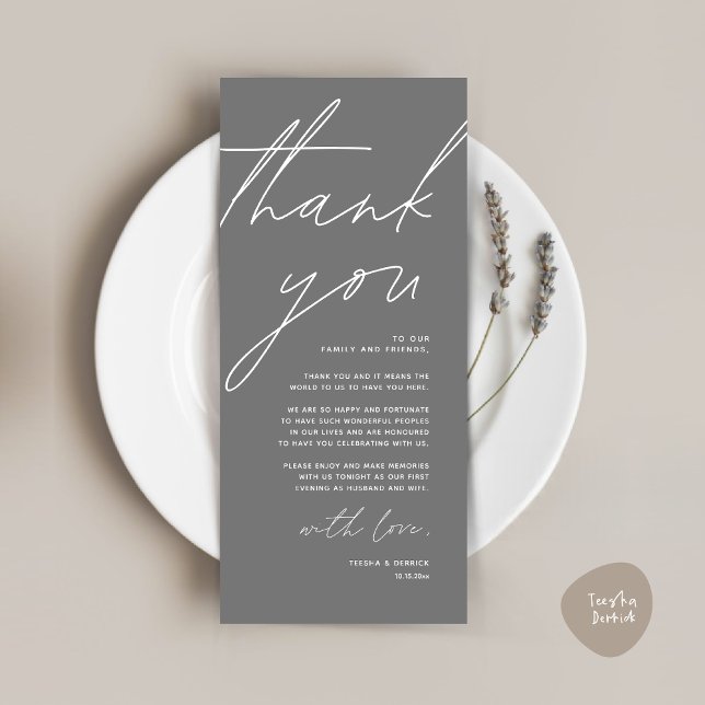 Minimalist Wedding Place Setting Thank You Card (Wedding Place Setting Thank You Card, Modern Minimalist Clean, Dark Grey)
