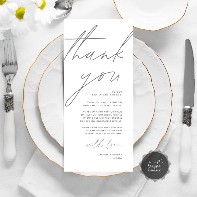 Minimalist Wedding Place Setting Thank You Card (Wedding Place Setting Thank You Card, Modern Minimalist Clean, Dark Grey)