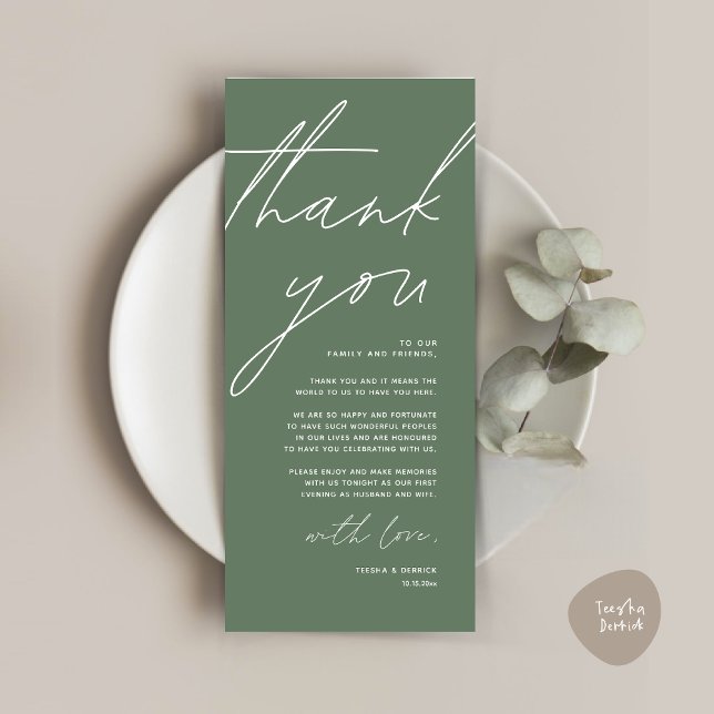 Minimalist Wedding Place Setting Thank You Card (Wedding Place Setting Thank You Card, Modern Minimalist Clean, Forest Sage Green)