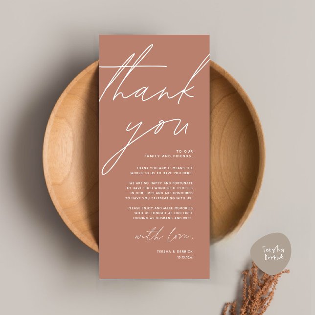 Minimalist Wedding Place Setting Thank You Card (Wedding Place Setting Thank You Card, Modern Minimalist Clean, Terracotta Earthy Brown)