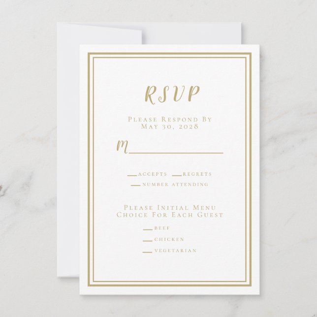 Minimalist Wedding RSVP Menu Gold & White (Front)