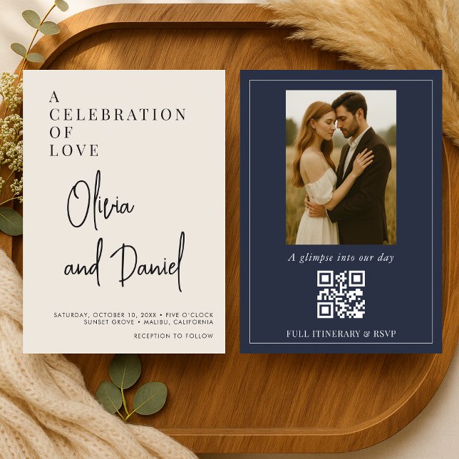 Minimalist Wedding Script Photo QR Code  Invitation (Creator Uploaded)