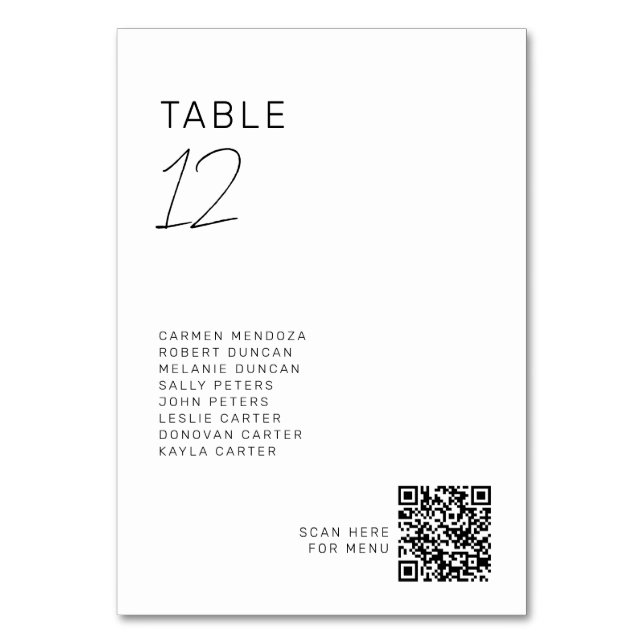 Minimalist Wedding Seating Chart QR Modern  Table Number (Front)