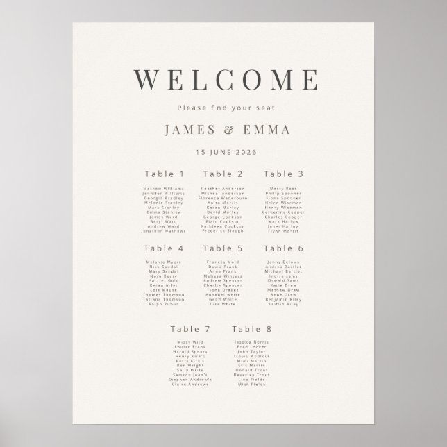 Minimalist Wedding Seating Plan (8) Warm White Poster (Front)