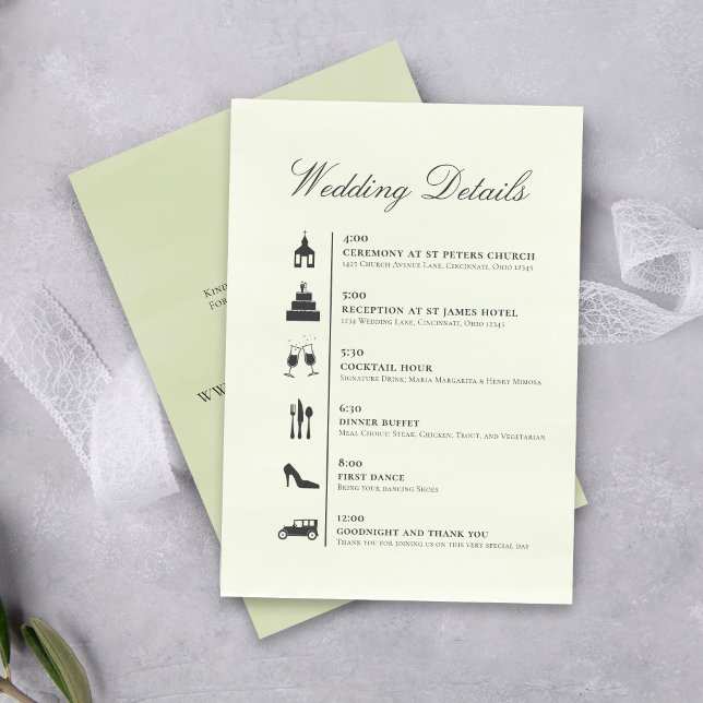 Minimalist Wedding Timeline QR Code Details Green Enclosure Card (Elegant wedding timeline with QR code for easy guest access to details and RSVP.)