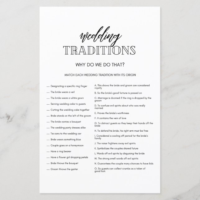 Minimalist Wedding Traditions shower game (Front)