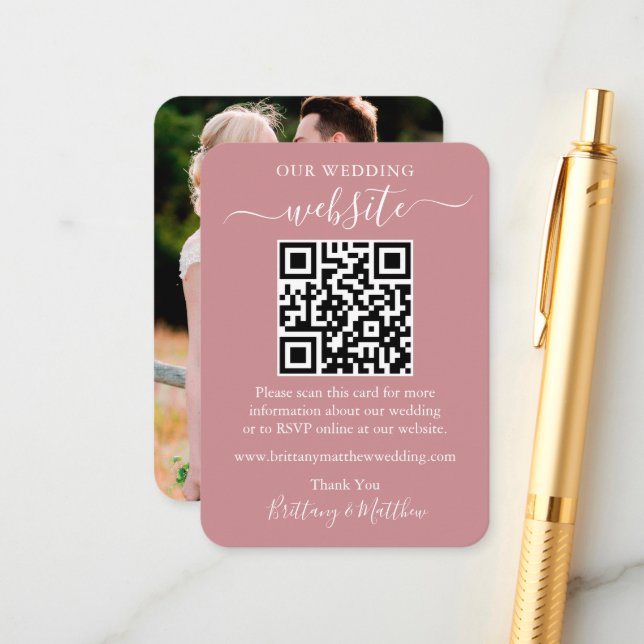 Minimalist Wedding Website Photo QR Dusty Rose Enclosure Card (Front/Back In Situ)