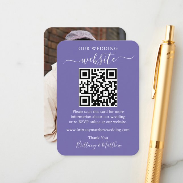 Minimalist Wedding Website Photo QR Periwinkle Enclosure Card (Front/Back In Situ)
