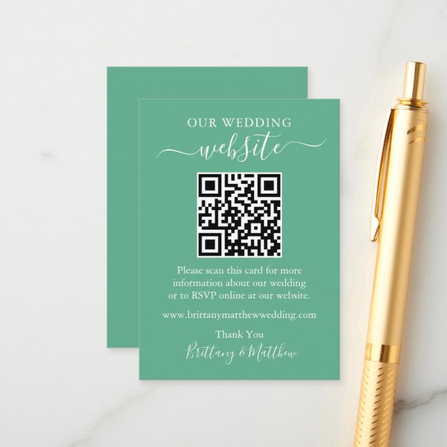 Minimalist Wedding Website QR Neo Mint Green Enclosure Card (Front/Back In Situ)
