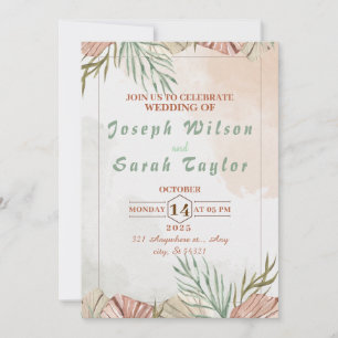 Minimalist wedding with watercolor pink green invitation