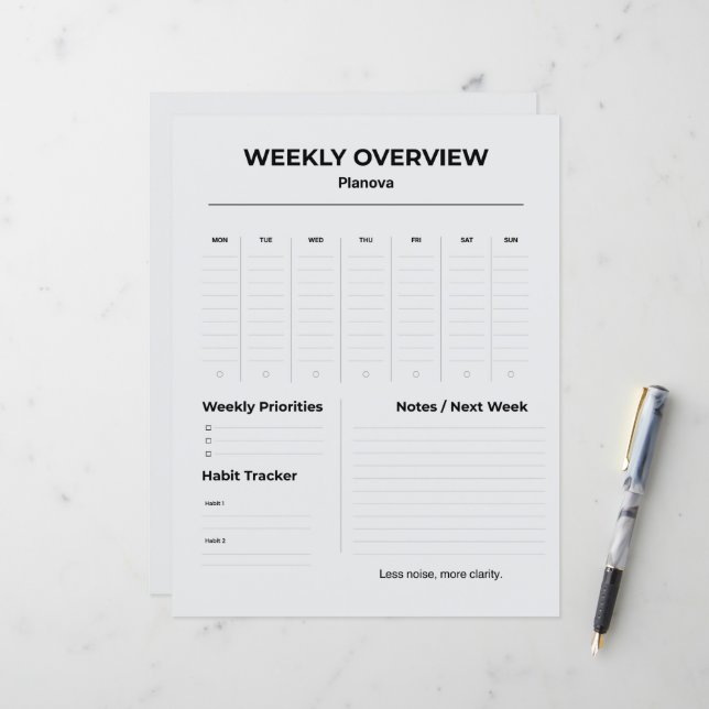 Minimalist Weekly Planner | Weekly Tasks Organizer (Front/Back In Situ)