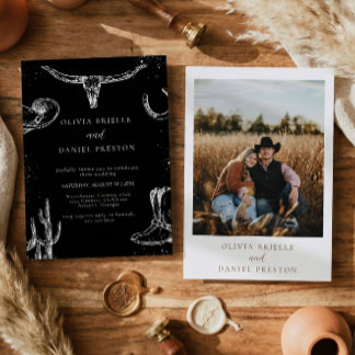 Minimalist Western Rustic Photo Black Wedding Invitation