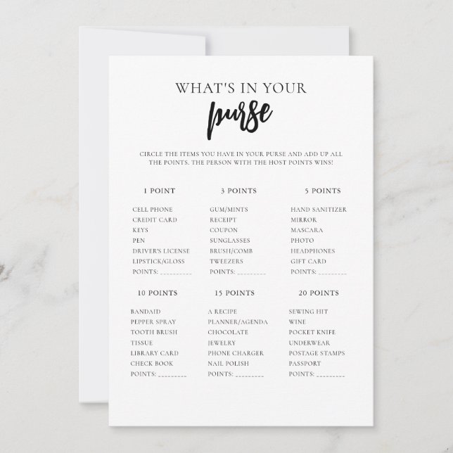 Minimalist What's In Your Purse Bridal Shower Card (Front)