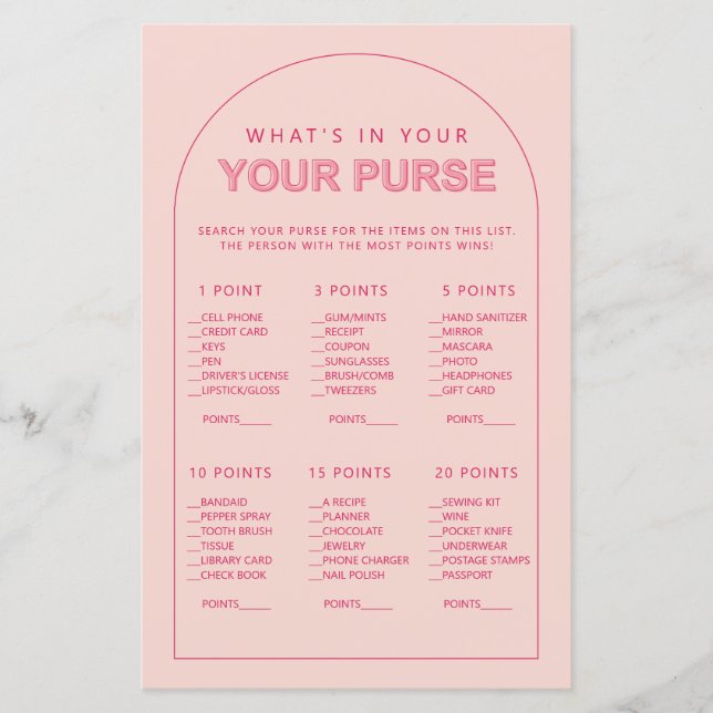 Minimalist what's in your purse bridal shower game (Front)