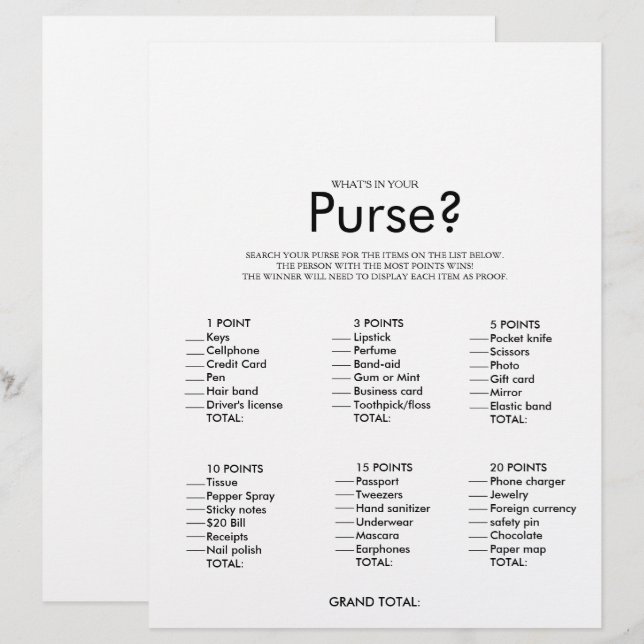 Minimalist What's in your Purse Bridal Shower Game (Front/Back)