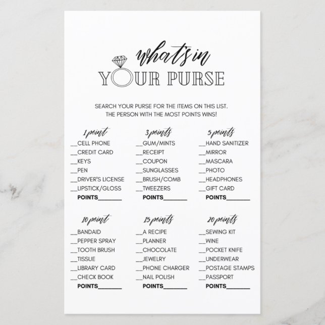 Minimalist what's in your purse bridal shower game (Front)