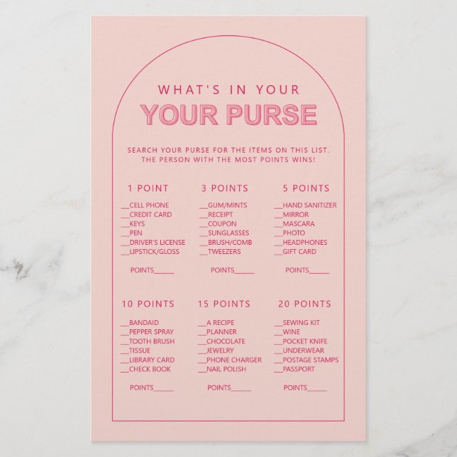 Minimalist what's in your purse bridal shower game flyer (Front)