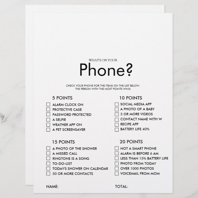 Minimalist What's on your Phone Bridal Shower Game (Front/Back)