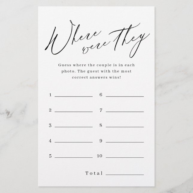 Minimalist where were they bridal shower game (Front)