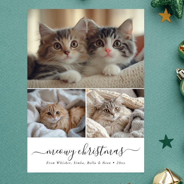 Minimalist Whimsy Script Meowy Christmas Cat Photo Holiday Card (Creator Uploaded)