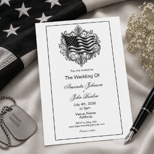 Minimalist White American Flag Military Wedding  Invitation