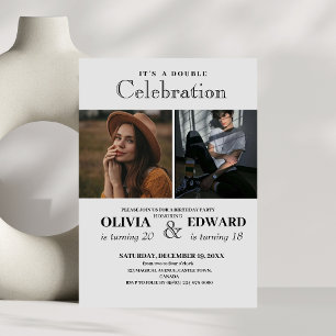 Minimalist White and Black Double Birthday Invitation