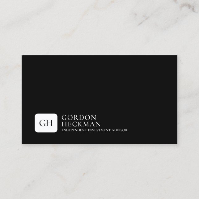 Minimalist white and black whimsical monogram business card (Front)
