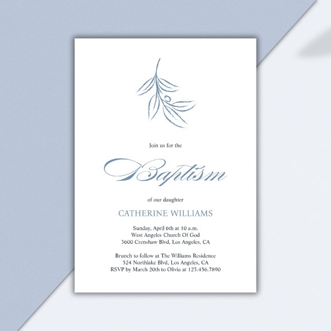 Minimalist White and Blue Botanical Baptism Invitation (Minimalist White and Blue Botanical Baptism Invitation)