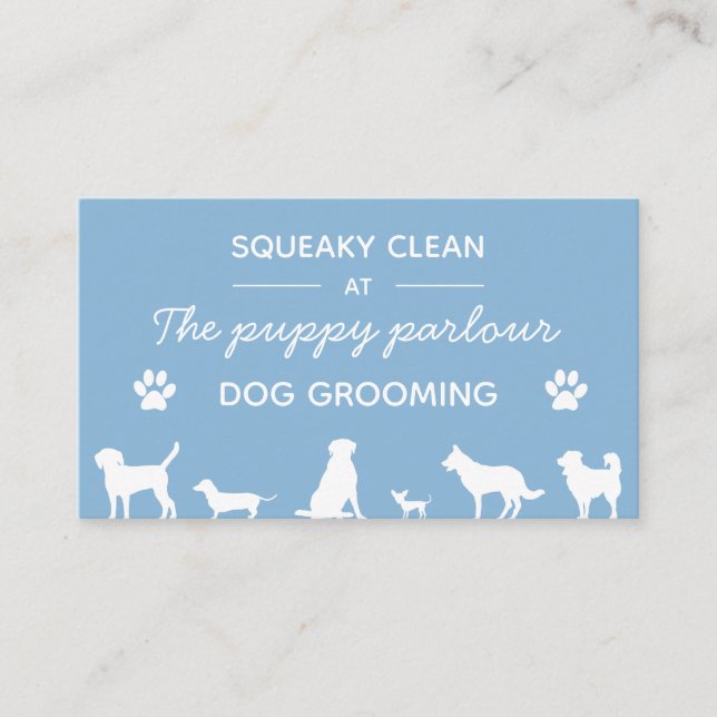 Minimalist white and blue typography dog grooming business card (Front)