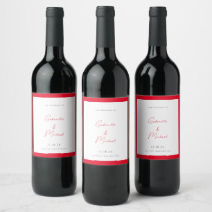 Minimalist White and Cherry Red Wedding Wine Label