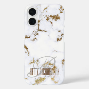 Minimalist White and Gold Glitter Marble Monogram iPhone 16 Case