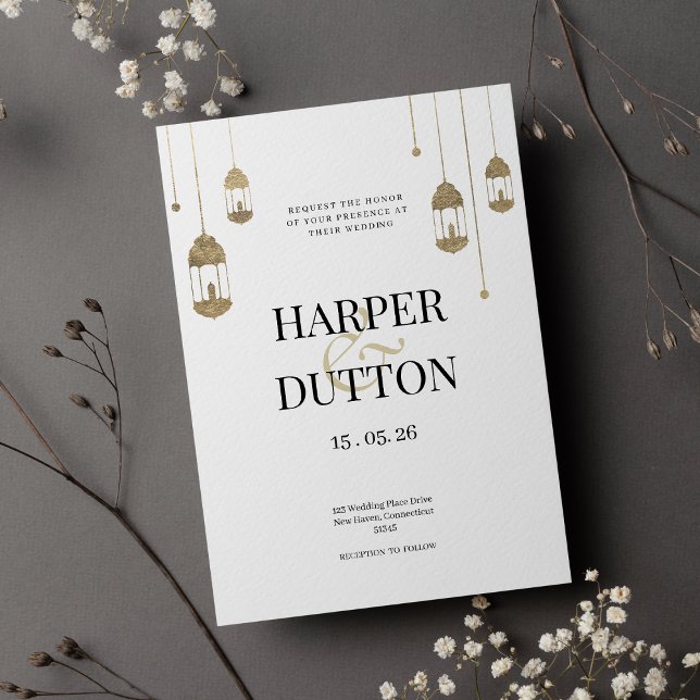 Minimalist white and gold lantern lights wedding invitation (Minimalist white and gold lantern lights wedding invitation )