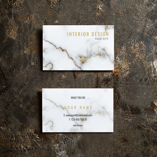 Minimalist White and Gold luxury Marble Business Card (White marble business card with gold veining, bold name, and minimalist black details.)