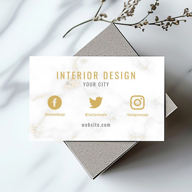 Minimalist White and Gold Marble social media Busi Business Card (White marble business card with gold text, social media icons, and modern minimalist layout.)