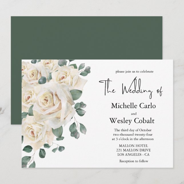 Minimalist White and Green Rose Landscape Wedding  Invitation (Front/Back)
