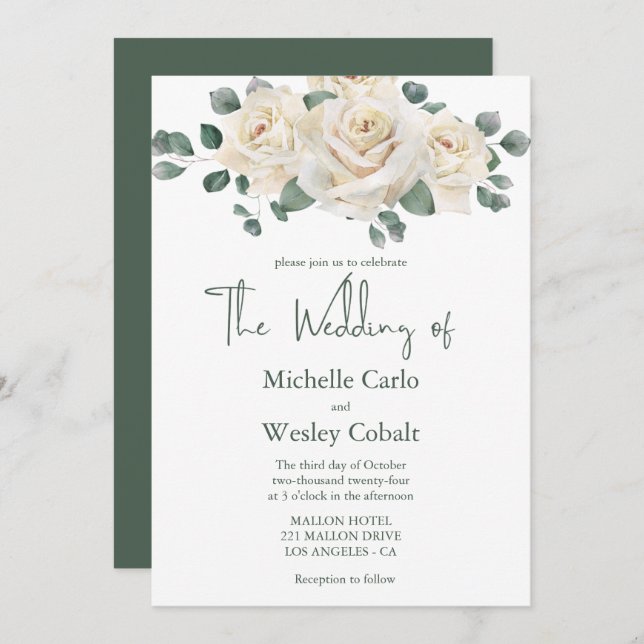 Minimalist White and Green Rose Wedding Invitation (Front/Back)