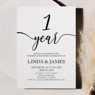 Minimalist White Black 1st Wedding Anniversary Invitation