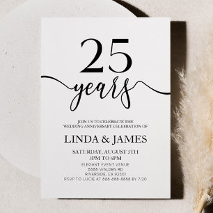 Minimalist White Black 25th Wedding Anniversary Invitation