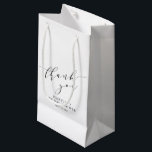 Minimalist White Black Bridal Shower Thank You Small Gift Bag<br><div class="desc">Make your bridal shower or special event extra memorable with this stylish personalised gift bag. Featuring a minimalist "thank you" in elegant script, this design blends modern sophistication with timeless charm. Perfect for bridal party gifts, wedding favours, or special thank-you treats, this customisable bag adds a thoughtful touch to any...</div>