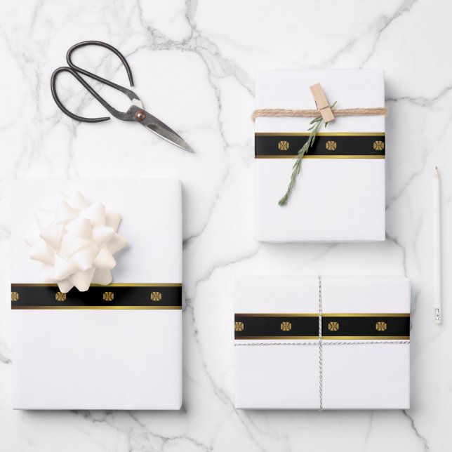 Minimalist White Black & Gold Geometric Wrapping Paper Sheet (Front)