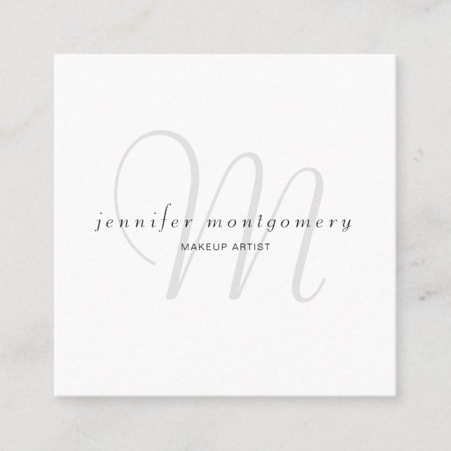 Minimalist White Black Grey Monogrammed Square Business Card (Front)