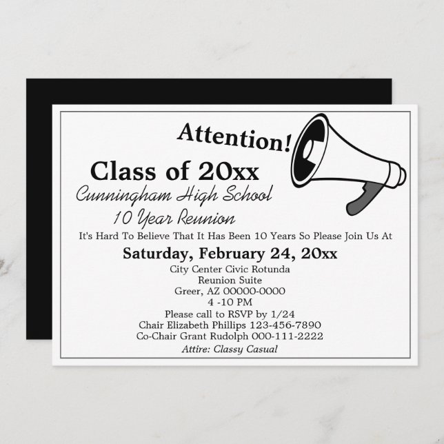 Minimalist White Black High School Class Reunion Invitation (Front/Back)