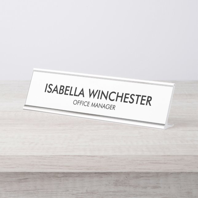 Minimalist white black name title simple elegant  desk name plate (Front)