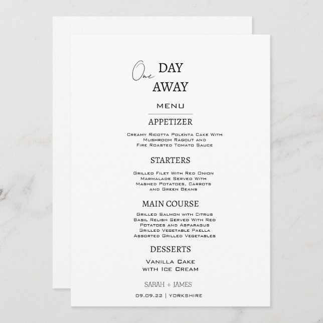 Minimalist White & Black One Day Away Wedding  Menu (Front/Back)