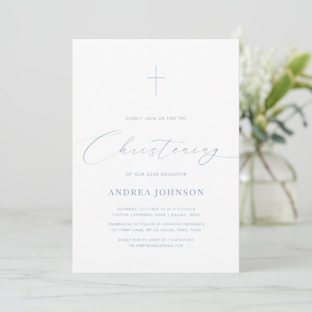 Minimalist White & Blue Elegant Script Christening Invitation (Standing Front)
