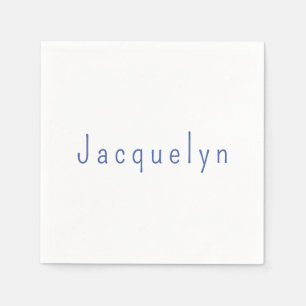 Minimalist White Blue Plain Elegant Modern Name Napkin