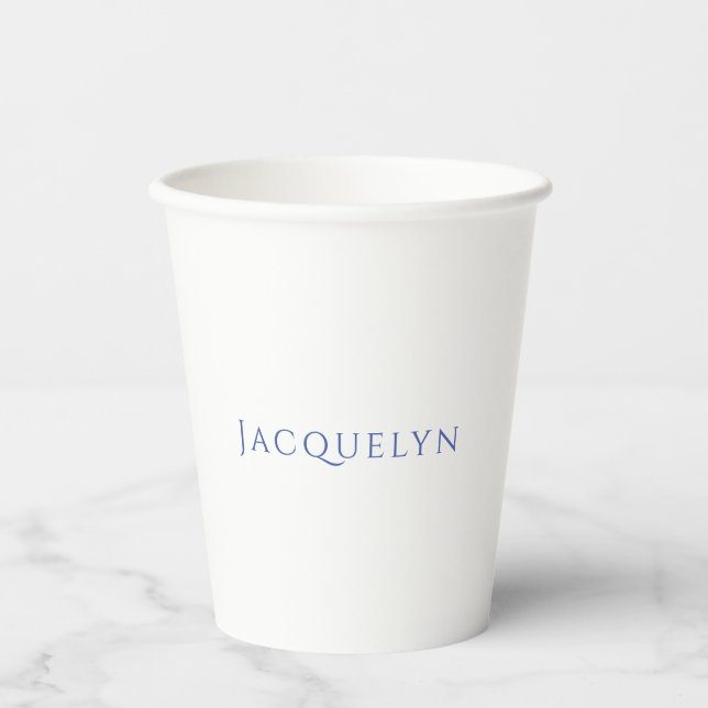Minimalist White Blue Plain Elegant Modern Name Paper Cups (Front)